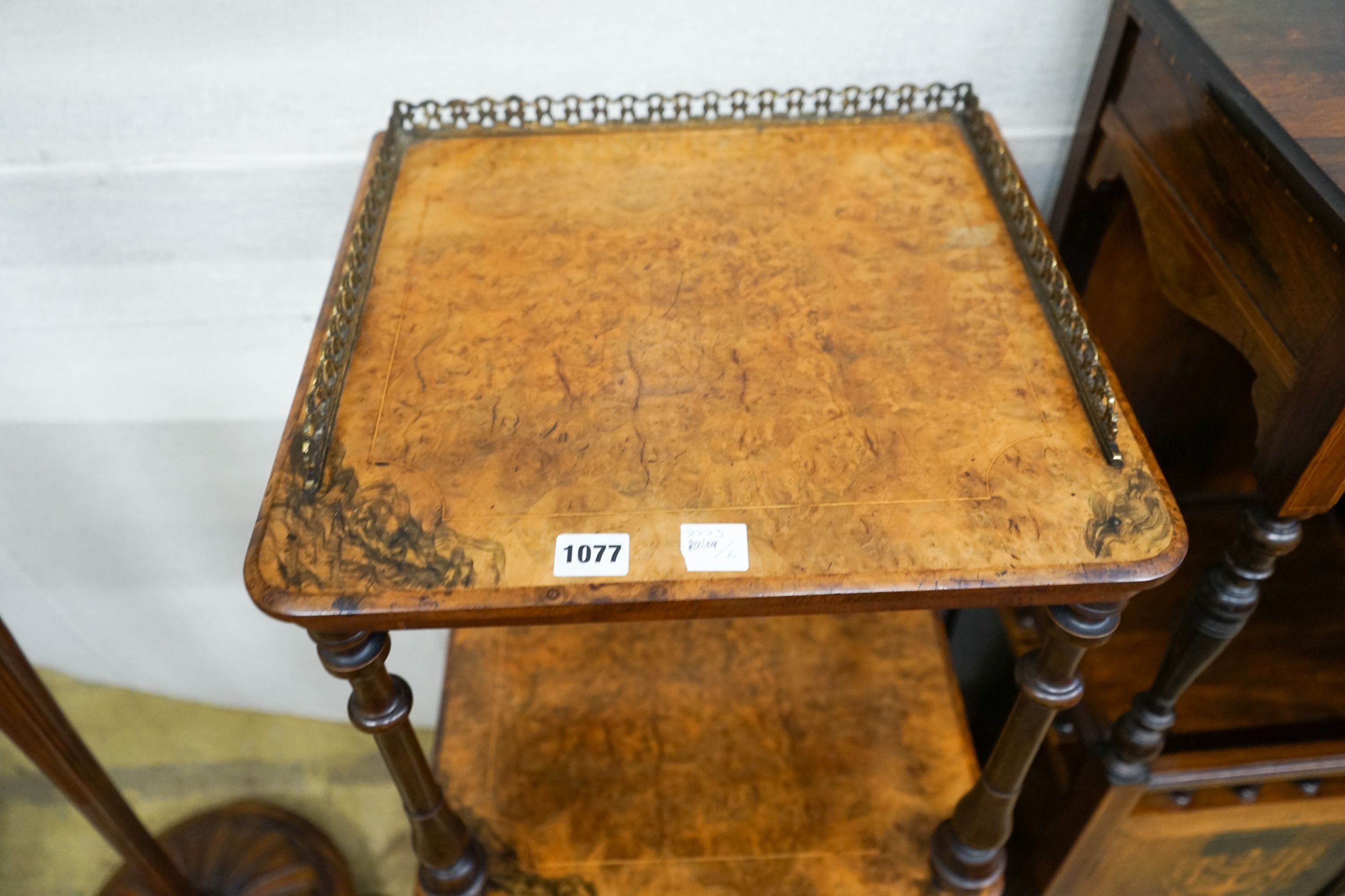 A Victorian burr walnut three tier whatnot, width 41cm, depth 38cm, height 98cm